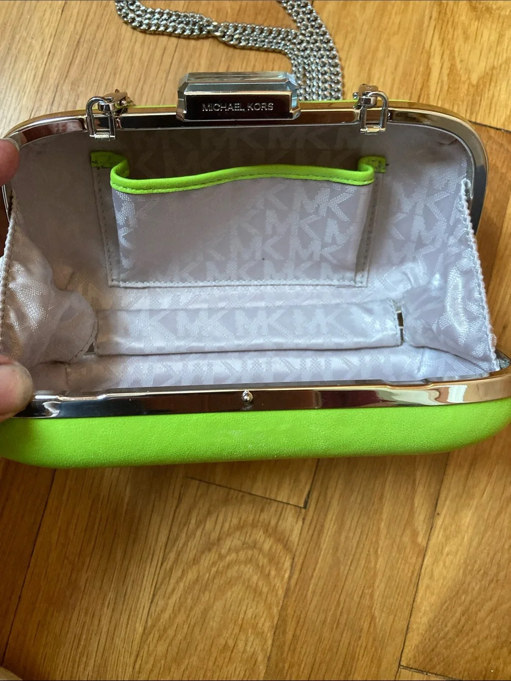 Michael Kors Lime Green Chain Strap Clutch with white bag protector